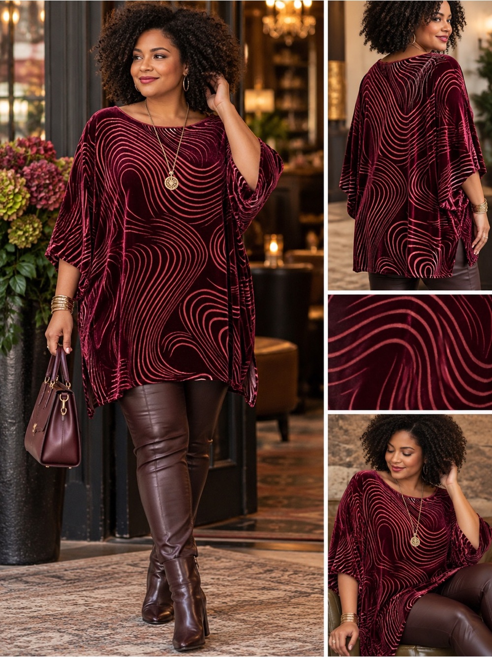 Marina Rinaldi Burgundy Velvet Swirl Tunic 14 XL artistic eclectic designer